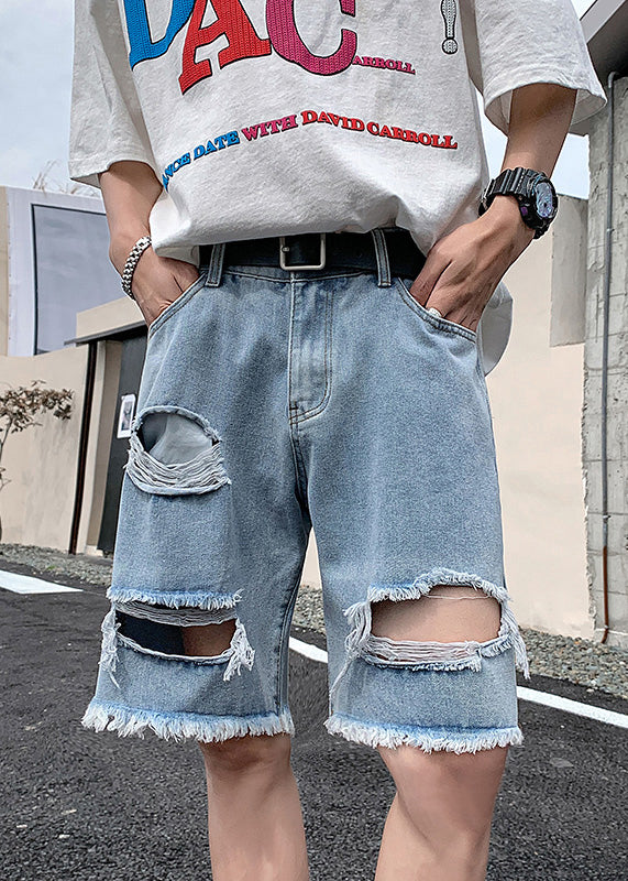 Stylish Black Pockets High Waist Men Ripped Jeans Summer