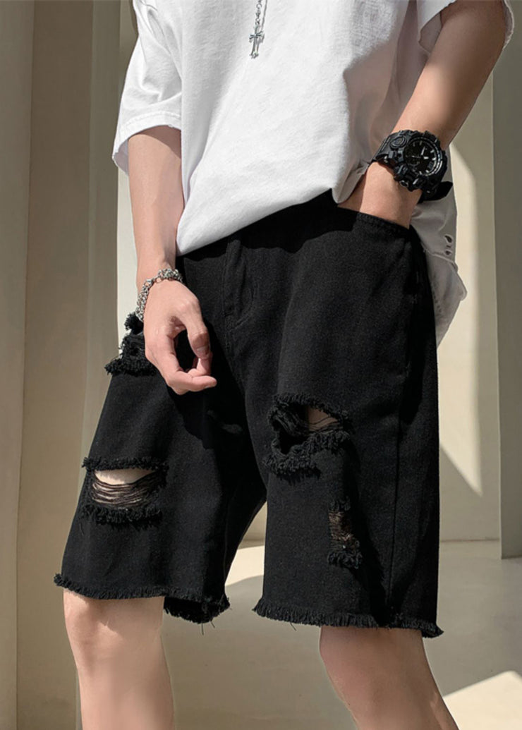 Stylish Black Pockets High Waist Men Ripped Jeans Summer