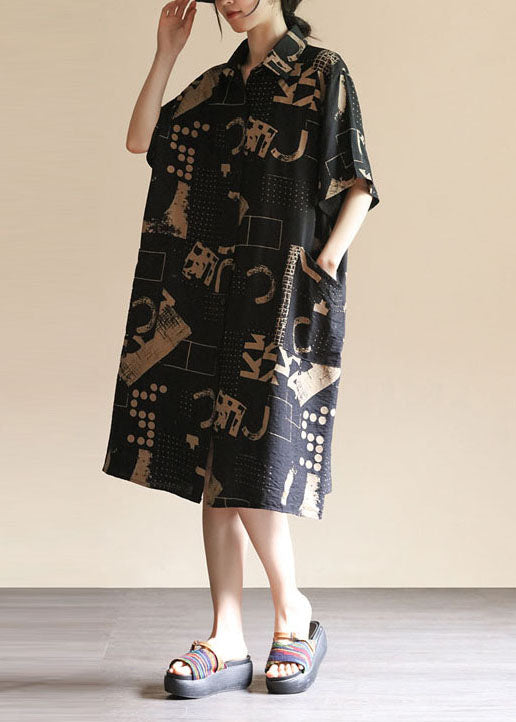 Stylish Black Pockets Print Patchwork Linen Shirts Dress Summer