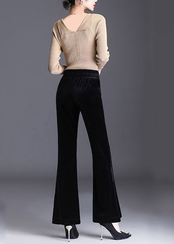 Stylish Black Pockets Side Open Patchwork High Waist Velour Pants Fall