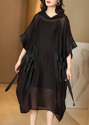 Stylish Black Pockets Silk Holiday Hooded Long Dress Half Sleeve