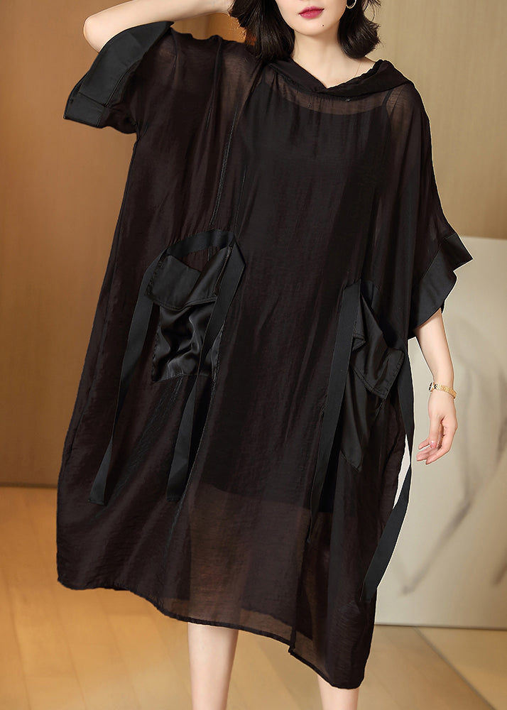 Stylish Black Pockets Silk Holiday Hooded Long Dress Half Sleeve