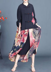 Stylish Black Print Button Patchwork Silk Thin Coats Fall