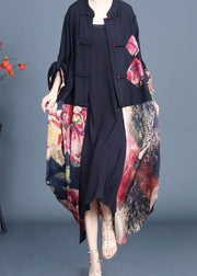 Stylish Black Print Button Patchwork Silk Thin Coats Fall