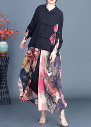 Stylish Black Print Button Patchwork Silk Thin Coats Spring