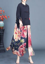 Stylish Black Print Button Patchwork Silk Thin Coats Spring