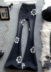 Stylish Black Print High Waist Flared Jeans Spring