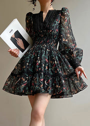 Stylish Black Print Lace Patchwork Mid Dress Lantern Sleeve