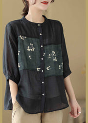 Stylish Black Print Patchwork Button Ramie Shirt Half Sleeve