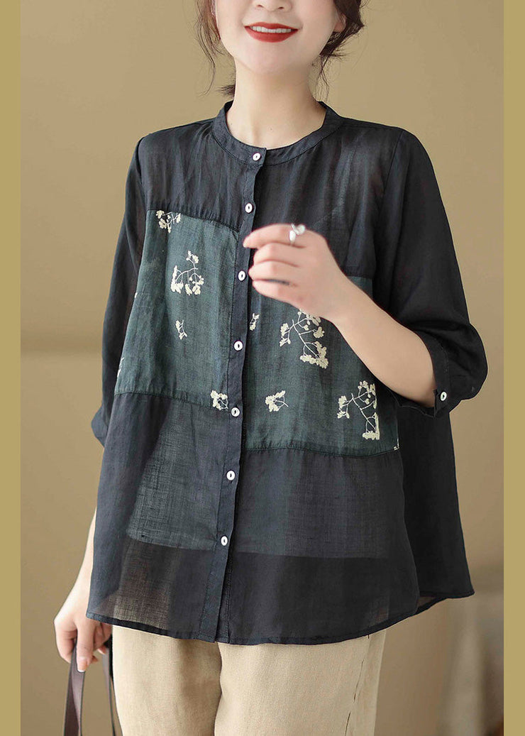 Stylish Black Print Patchwork Button Ramie Shirt Half Sleeve