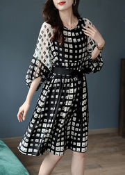 Stylish Black Print Tie Waist Silk Vacation Long Dresses Lantern Sleeve