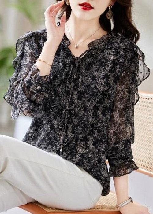 Stylish Black Ruffled Lace Up Chiffon Shirts Spring