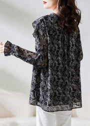 Stylish Black Ruffled Lace Up Chiffon Shirts Spring