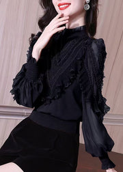 Stylish Black Ruffled Nail Bead Chiffon Blouses Lantern Sleeve