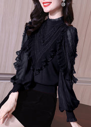 Stylish Black Ruffled Nail Bead Chiffon Blouses Lantern Sleeve