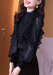 Stylish Black Ruffled Nail Bead Chiffon Blouses Lantern Sleeve