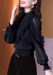 Stylish Black Ruffled Nail Bead Chiffon Blouses Lantern Sleeve