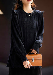 Stylish Black Ruffled Nail Bead Lace Shirt Spring