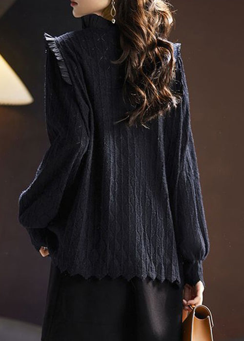 Stylish Black Ruffled Nail Bead Lace Shirt Spring