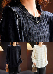 Stylish Black Ruffled Nail Bead Lace Shirt Spring