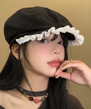 Stylish Black Ruffled Patchwork Cotton Beret Hat