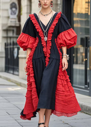 Stylish Black Ruffled Patchwork Cotton Maxi Dress Puff Sleeve