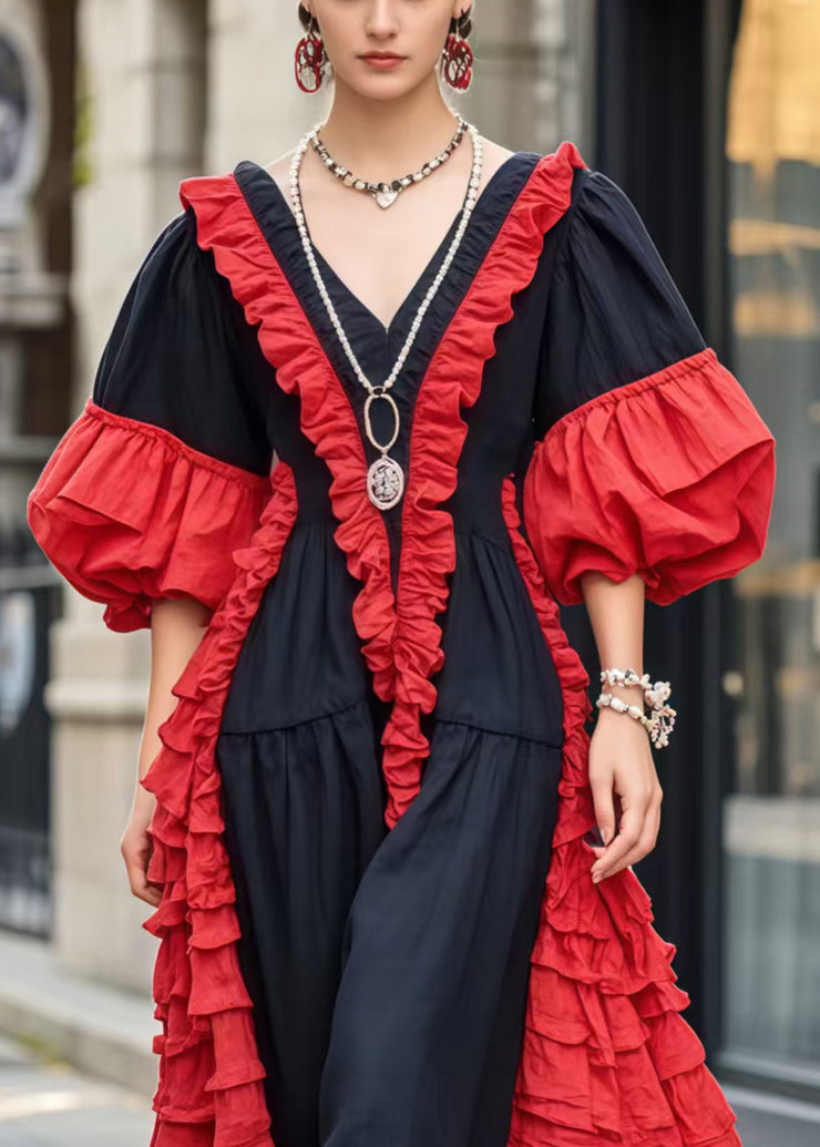 Stylish Black Ruffled Patchwork Cotton Maxi Dress Puff Sleeve