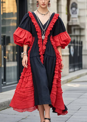 Stylish Black Ruffled Patchwork Cotton Maxi Dress Puff Sleeve