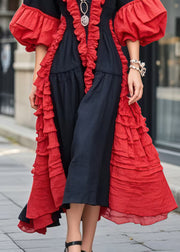 Stylish Black Ruffled Patchwork Cotton Maxi Dress Puff Sleeve