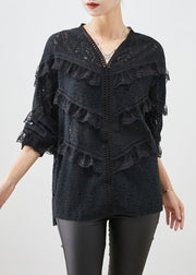 Stylish Black Ruffled Patchwork Lace Blouses Fall