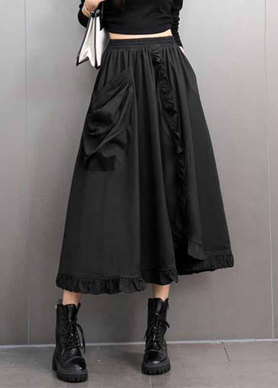 Stylish Black Ruffled Patchwork Pockets Elastic Waist A Line Skirts Spring