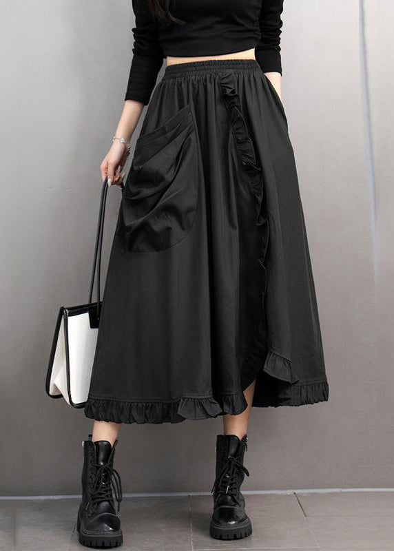 Stylish Black Ruffled Patchwork Pockets Elastic Waist A Line Skirts Spring