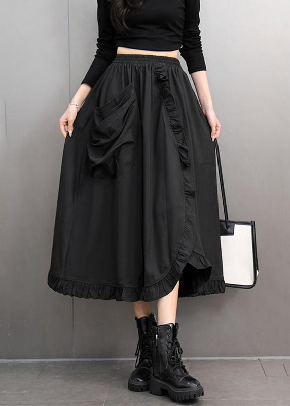 Stylish Black Ruffled Patchwork Pockets Elastic Waist A Line Skirts Spring