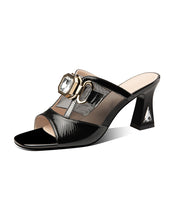 Stylish Black Sheepskin Splicing Tulle Slide Sandals Peep Toe