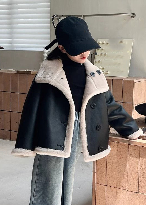 Stylish Black Stand Collar Button Girls Faux Sued Coat Winter