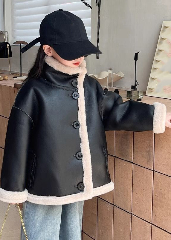 Stylish Black Stand Collar Button Girls Faux Sued Coat Winter