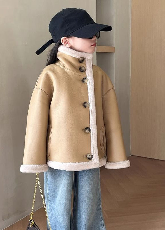 Stylish Black Stand Collar Button Girls Faux Sued Coat Winter