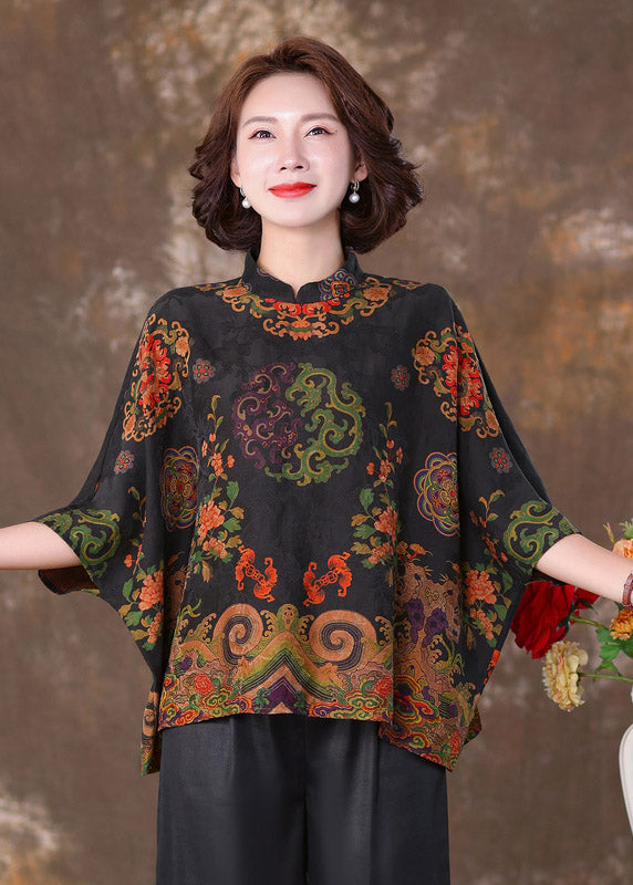 Stylish Black Stand Collar Print Silk Top Batwing Sleeve