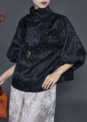 Stylish Black Stand Collar Ruffled Jacquard Silk Shirts Summer