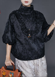 Stylish Black Stand Collar Ruffled Jacquard Silk Shirts Summer