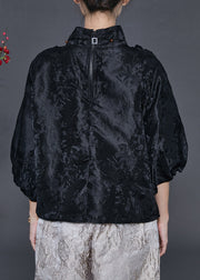 Stylish Black Stand Collar Ruffled Jacquard Silk Shirts Summer