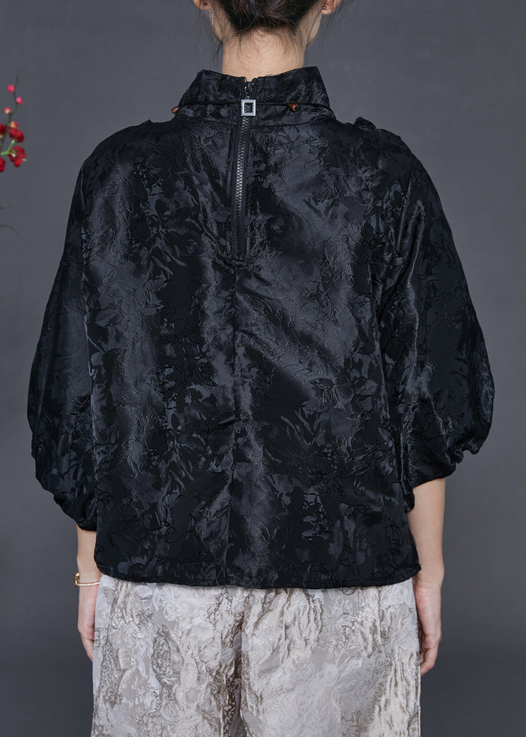 Stylish Black Stand Collar Ruffled Jacquard Silk Shirts Summer