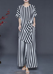 Stylish Black Striped Asymmetrical Design Silk Two Pieces Set Summer