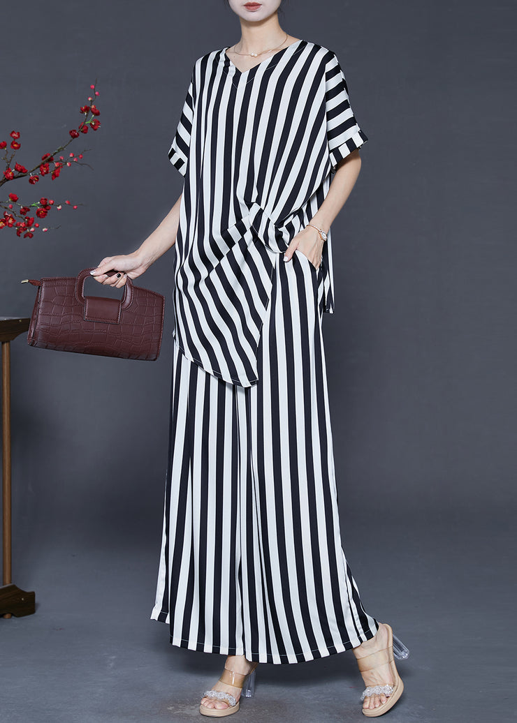 Stylish Black Striped Asymmetrical Design Silk Two Pieces Set Summer