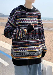 Stylish Black Striped Cozy Patchwork Knit Mens Sweaters Spring