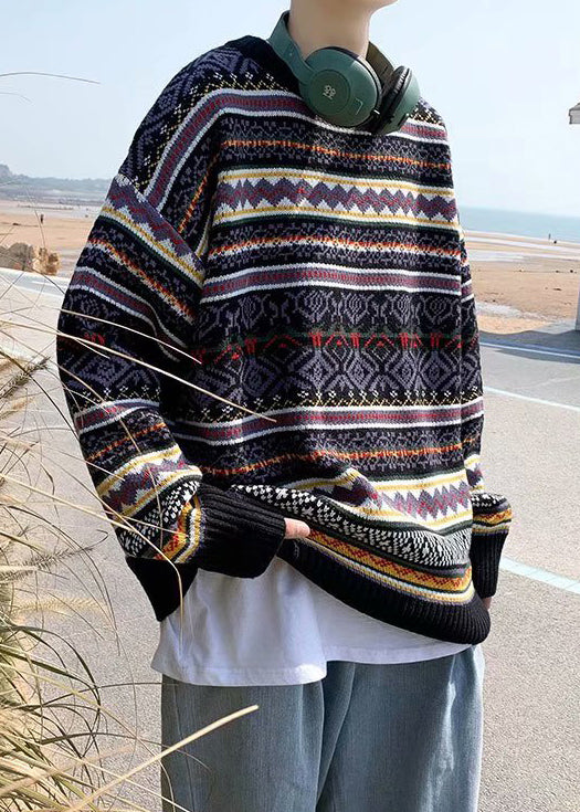 Stylish Black Striped Cozy Patchwork Knit Mens Sweaters Spring