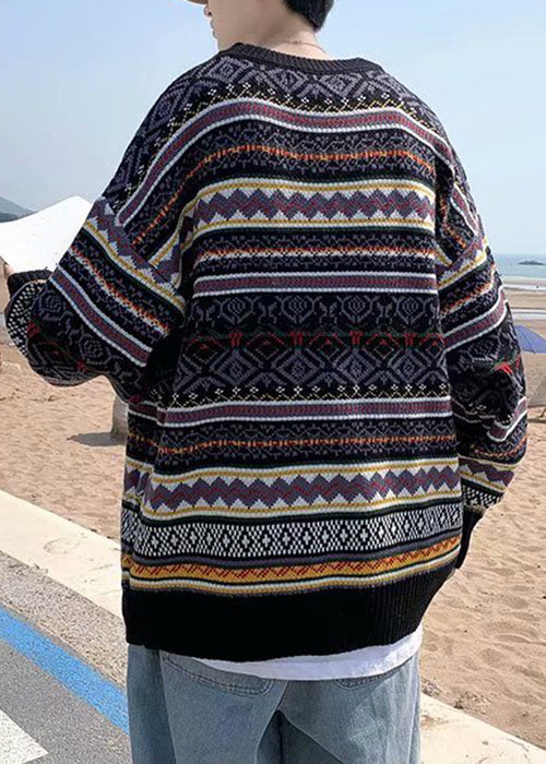 Stylish Black Striped Cozy Patchwork Knit Mens Sweaters Spring