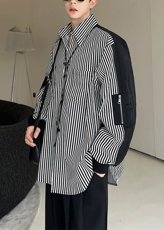 Stylish Black Striped Patchwork Cotton Men Shirts Fall