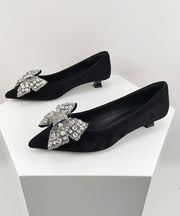 Stylish Black Suede Splicing Zircon Bow Kitten Shoes