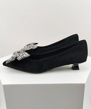 Stylish Black Suede Splicing Zircon Bow Kitten Shoes